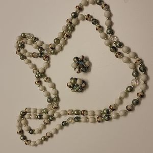 Vintage beaded necklace with clip earrings. Green, white. gold, and crystals.